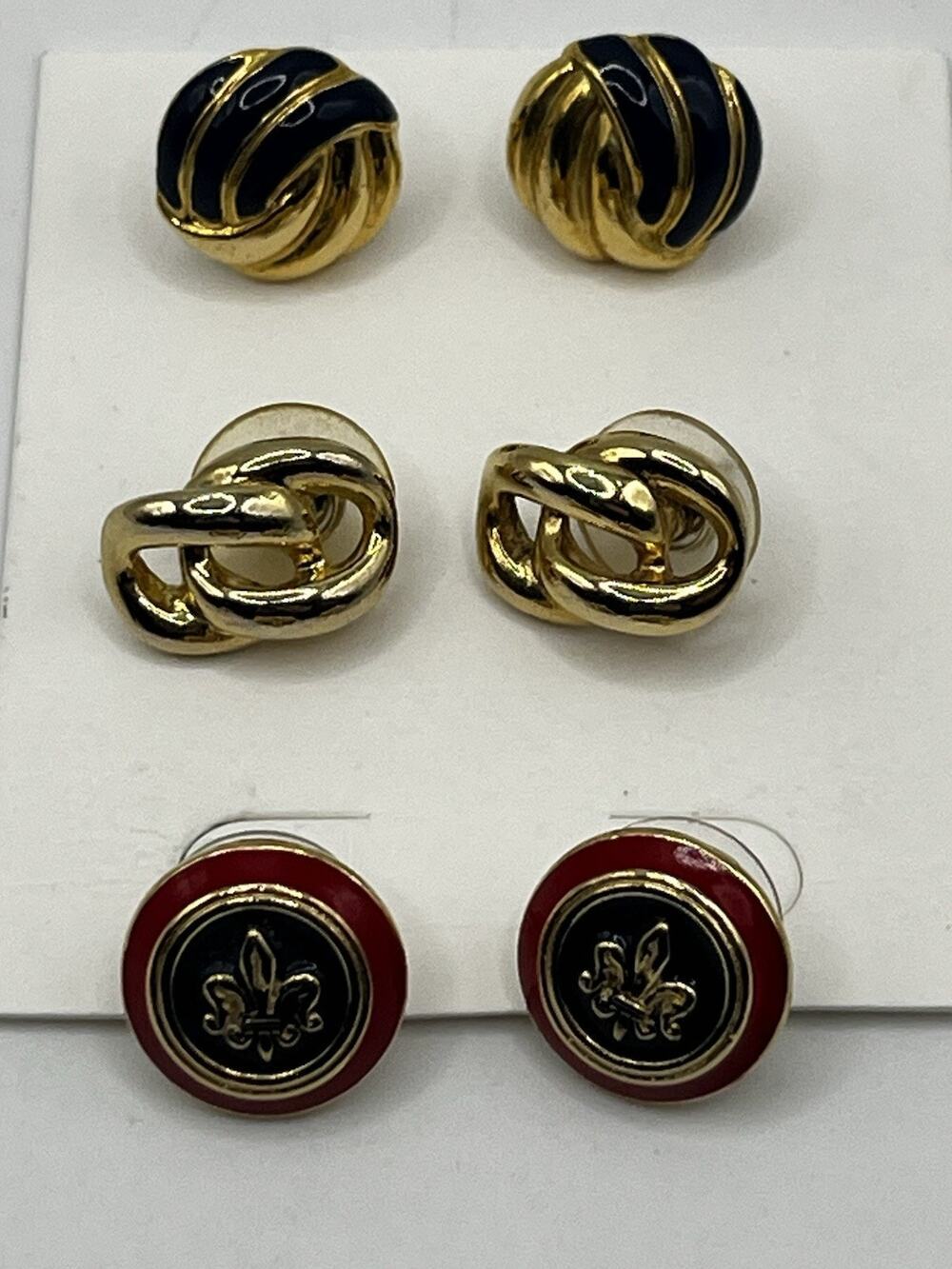 Fleur de Lis Enamel Button Interlocking Link Twist Studs Lot 3 Pairs Gold Tone